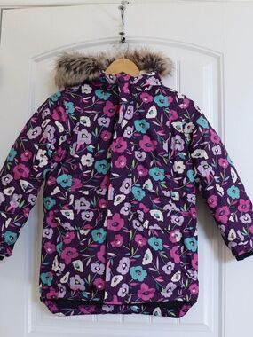 Lands End Girls Expedition Down Parka Purple Floral Print Size 8 Faux Fur Snow